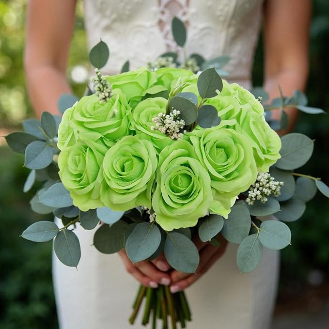 Felice Arts 12 Pack Light Green Artificial Flowers with Stems Silk Roses Fake Flowers Bouquet for Wedding Centerpiece Table Vase Home Kitchen Party DIY Decor