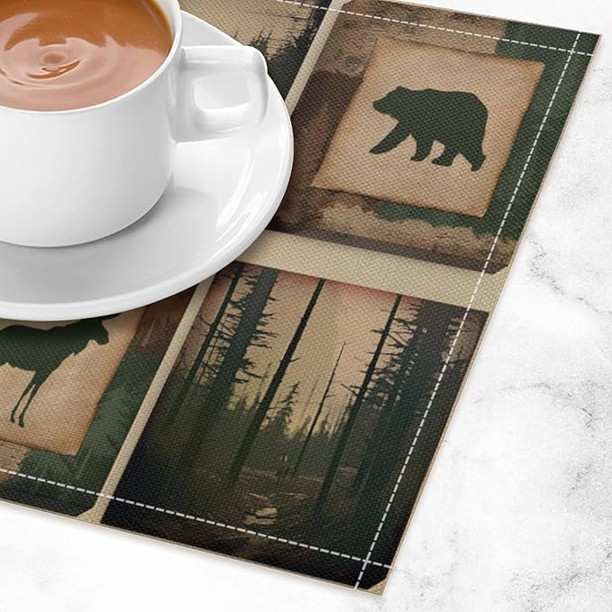 Rustic Lodge Bear Deer Placemats Set of 4, Vintage Cabin Pine Cone Plaid Place Mats, Heat Resistant Non Slip Cotton Linen Dining Table Mats for Home Kitchen Decor 18x12 Inch