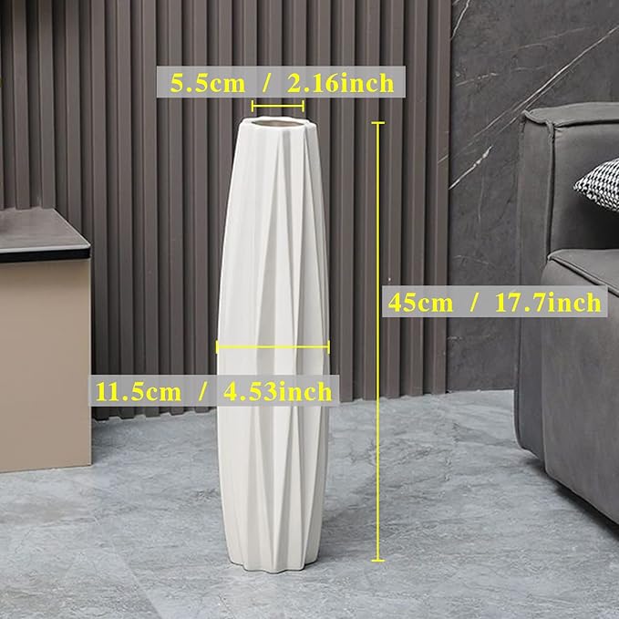 White Ceramic Floor Vase 17.7 Inches Tall, Large Floor Vases for Office,Farmhouse,Living Room Modern Home Décor,Simple Origami Design Fall Decorative Porcelain Flower Arrangement Vase Ideal Gift