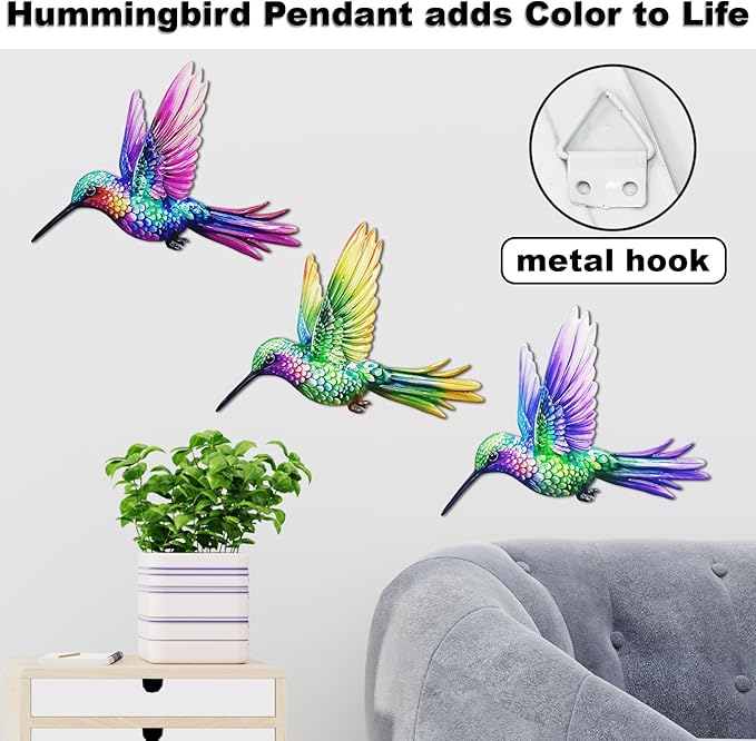 John's Studio 3Pcs Metal Hummingbird Wall Decor Outdoor Garden Hanging Art Sculptures Home Theme Decorations for Kitchen Bathroom and Pool