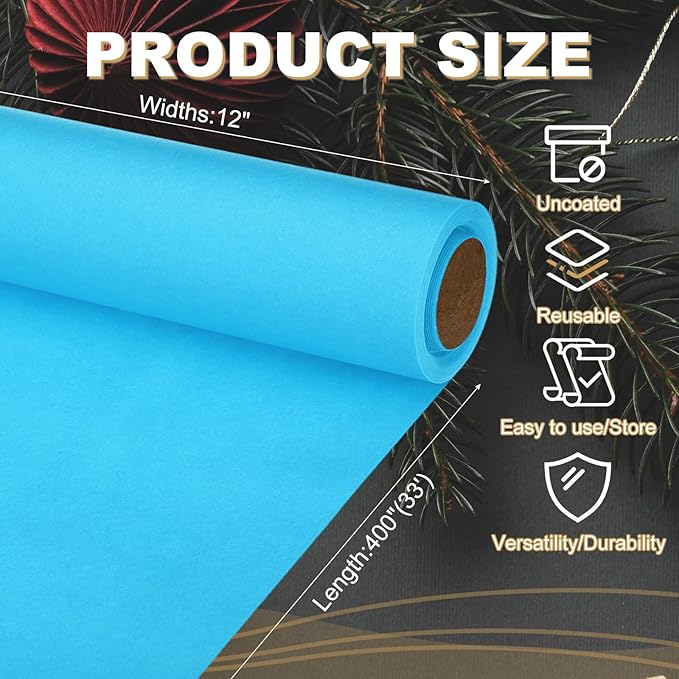 PATIKIL Wrapping Paper, 12"x400"(33') Bulletin Board Paper Roll Kraft Paper Roll Construction 80GSM for Shipping Packing Gift Wrapping Craft Flower Bouquet Christmas, Light Blue