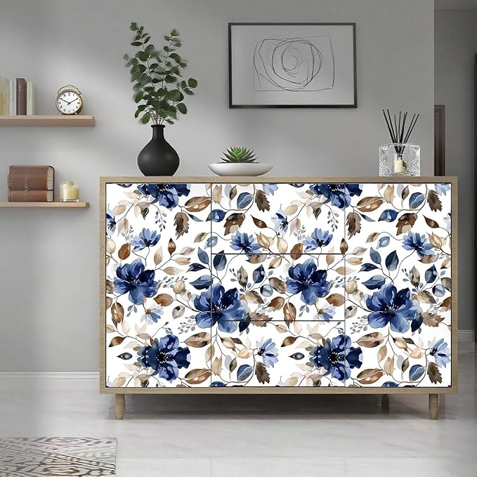 Blue Floral Peel and Stick Wallpaper Modern Contact Paper Waterproof Botanical Flower Removable Self Adhesive Wallpaper for Bathroom Bedroom Living Room Cabinets 17.7"x70.7"