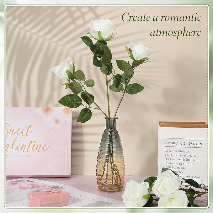 Hotop 20 Pcs Artificial Rose Flowers with Long Stem,Real Touch Silk Realistic Plastic Bouquet Roses Bulk for Home Decor Bridal Wedding Party Table Centerpieces Decorations(White)