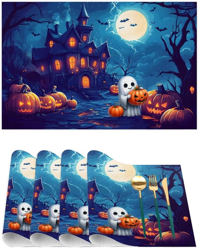 Halloween Cute Ghosts Pumpkin Placemats Set of 1 PVC Vinyl Non Slip Table Mats Heat Resistant Place Mats Washable Wipeable Dining Table Mat for Kitchen Decor Party Indoor Outdoor Decorative Gift