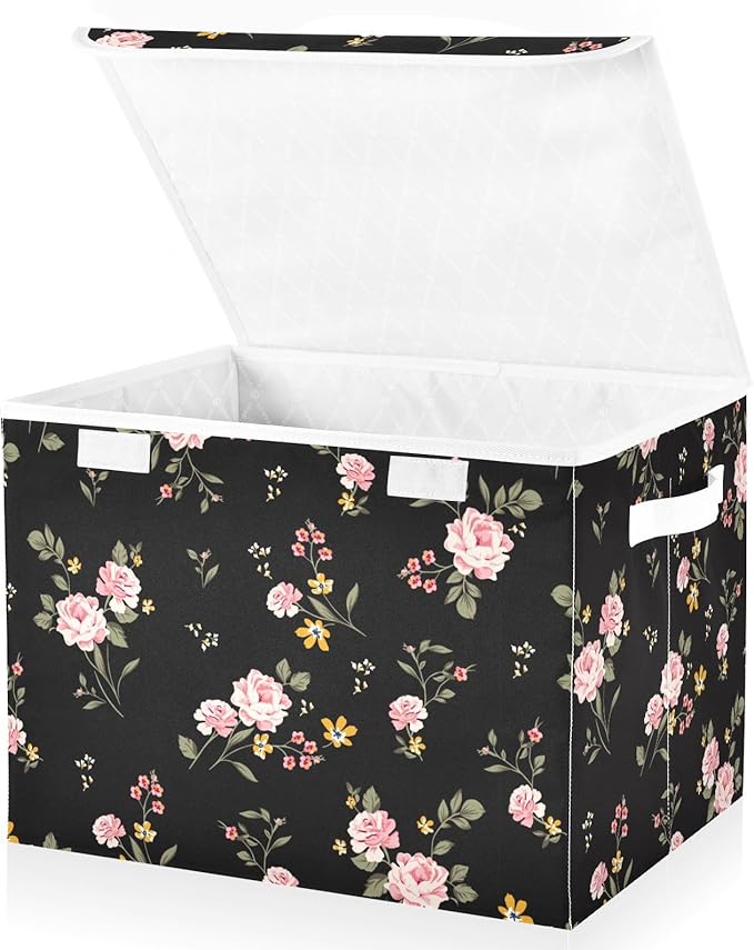 Flower Baskets Collapsible Storage Bins with Lids, Purple Green Rose Flower Storage Boxes Clothes Baskets for Organizing