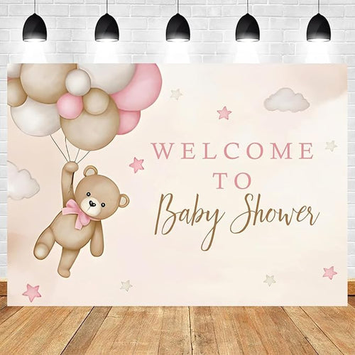 10x6.5ft Bear Baby Shower Backdrop Brown Pink Hot Air Balloon Photography Background Sky Cloud Star Welcome to Baby Shower Decorations Pregnancy Announcement Portrait Photo Booth Prop