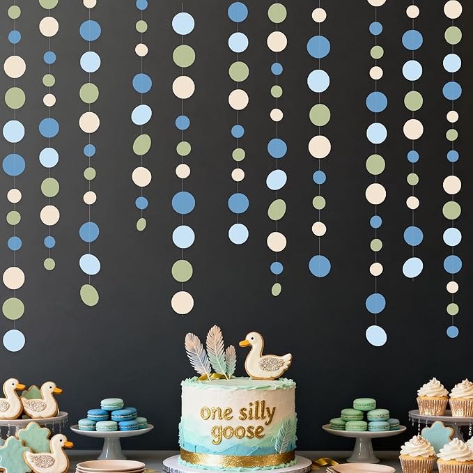 Dusty Blue and Sage Green Beige Polka Dot Garland Olive Green Dusty Blue Cream Nude Hanging Paper Circle Dots Streamer for Birthday Baby Shower Wedding One Silly Goose Theme Party Decorations Supplies