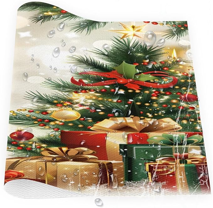 Xmas Christmas Tree Green Placemats Set of 4 PVC Vinyl Non Slip Table Mats Heat Resistant Place Mats Washable Wipeable Dining Table Mat for Kitchen Decor Party Indoor Outdoor Decorative Gift