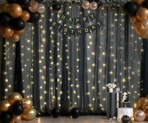 10ft x 10ft Black Tulle Photo Backdrop Curtain with Lights String for Parties Sheer Black Curtain Backdrop for Birthday Party Baby Shower Wedding Photo Booth Photography Background Decorations