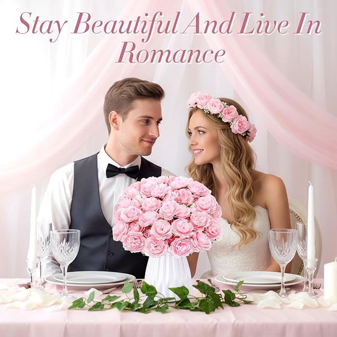 200 Pcs Flowers Long Stem Artificial Rose Bulk, 3.2 Inches Silk Rose Head Flowers Faux for Wedding Bridal Bouquet Independence Day Home Floral DIY Centerpieces Party Decoration(Pink)