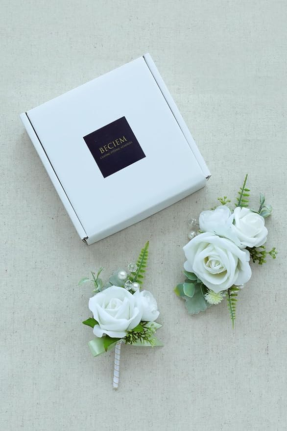White Green Corsage and Boutonniere Set, Prom Wedding Homecoming Wrist Corsage Wristlet and Boutonniere Set for Grooms Groomsmen Guest Bridal Bridesmaid Artificial Flower Suit Decoration
