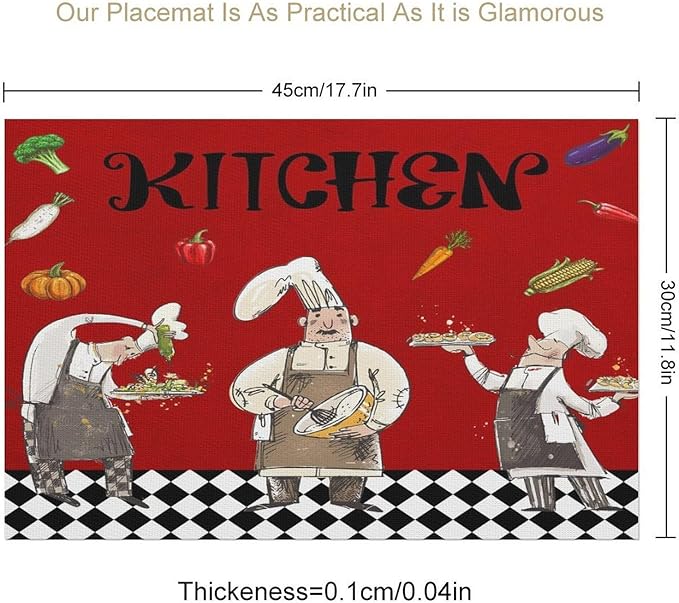 Chef Cooking Placemats Cartoon Rustic Vegetable Fruit Lattice Pastry Fat Chef Carrot Corn Gourmet Cookware Placemats Table Kitchen Dining Party 12x18 Inch Set of 6