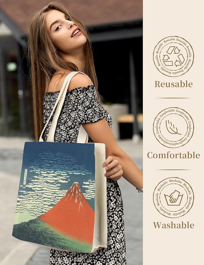 AUSVKAI Canvas Tote Bag Aesthetic for Women, Cute Reusable Bags with Pockets & Snaps for Beach Shopping College Gym Grocery