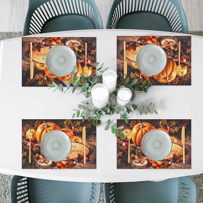 Thanksgiving Holiday Modern Pumpkins Placemats Set of 1 PVC Vinyl Non Slip Table Mats Heat Resistant Place Mats Washable Wipeable Dining Table Mat for Kitchen Party Indoor Outdoor Decorative Gift
