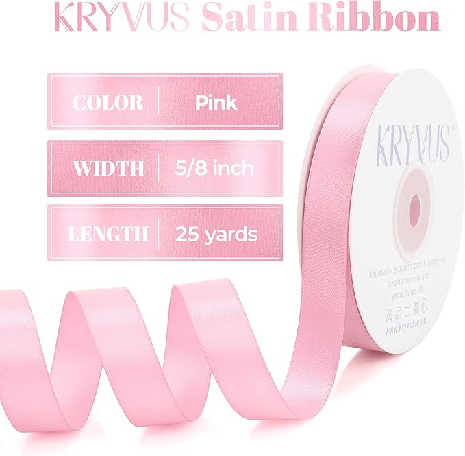 Pink Satin Ribbon, Double Faced 5/8 Inch X 25 Yards, Premium Satin Ribbon for Gift Wrapping, Crafts, Hair Bow Making, Sewing, Flower Bouquet, Wedding Party Decor