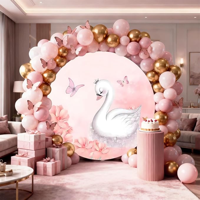 AOFOTO Swan Round Backdrop Pink Floral Butterfly Print Photography Background for Baby Shower Women Newborn Girls Birthday Party Banner Home Wall Decor Photo Studio Booth Props 4.1x4.1ft