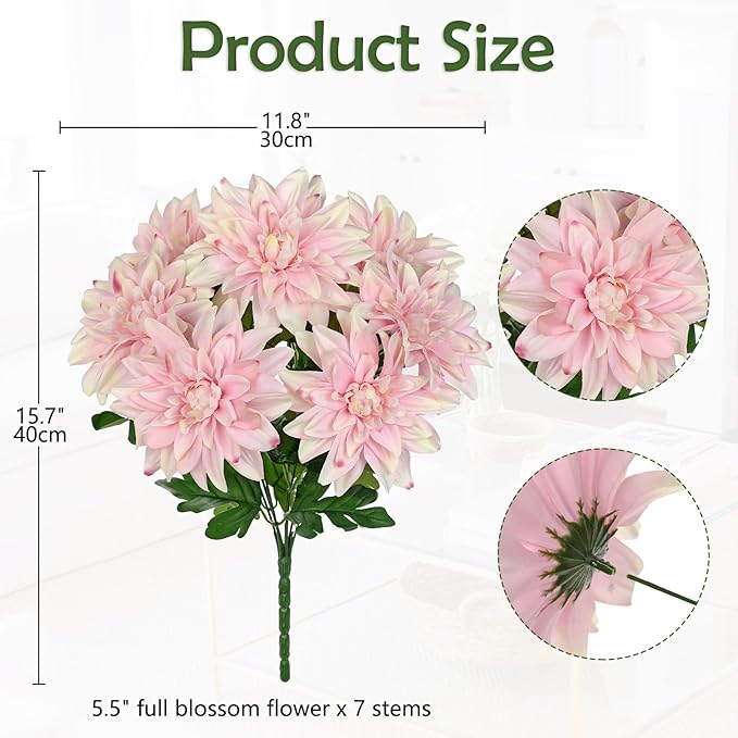 Hollyone 15.7" Pink Artificial Dahlia Flowers Bush 7 Heads Silk Fake Dahlias Flowers with Stems Wedding Bouquets Faux Dahlia Flowers Arrangements for Outdoor Indoor DIY Table Centerpieces Home Decor