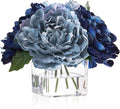 Artificial Peonies Flowers Arrangements in Cube Glass Vase, WELLKNOWN Silk Flower Centerpieces for Dining Room Table, Coffee Table Decor, Faux Peony Flowers with Faux Water (Bicolor Blue)