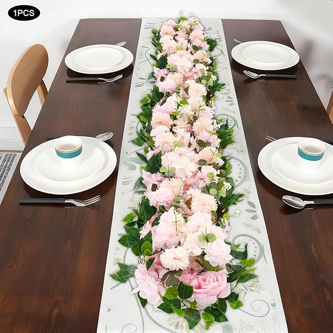 Eapmic Artificial Flower Row, 39.37in Peony Hydrangea Floral Arrangement, Faux Flower Panel Table Centerpiece for Wedding Arch Wall Backdrop Ceremony Reception Home Party Decoration (Pink)