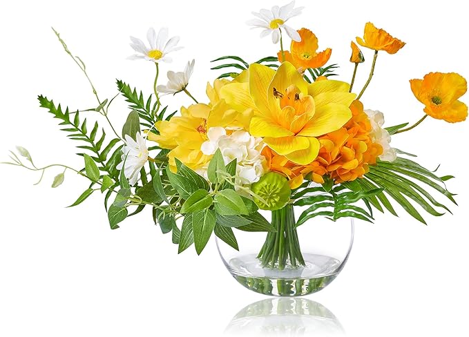 WELL KNOWN Artificial Silk Flowers in Glass Vase for Dining Table Decor, Tropical Orange Orchid Flowers Bouquet Arrangement with Faux Water for Home Office Wedding Party Dining Table Centerpieces Gift