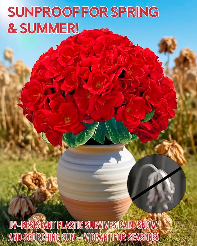 12 Bundles Geranium Christmas Artificial Flowers for Outdoors - UV Resistant Fake Flowers Outside for Planter Hanging Basket, Realistic Silk Faux Plants for Home Porch Garden Patio Décorations