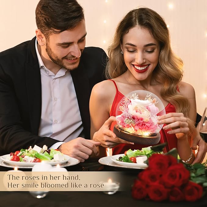Preserved Flowers,Rose in Glass Dome with LED Light, Gifts for Her, Women, Mom,Grandma,Girlfriend, Wife- Style2