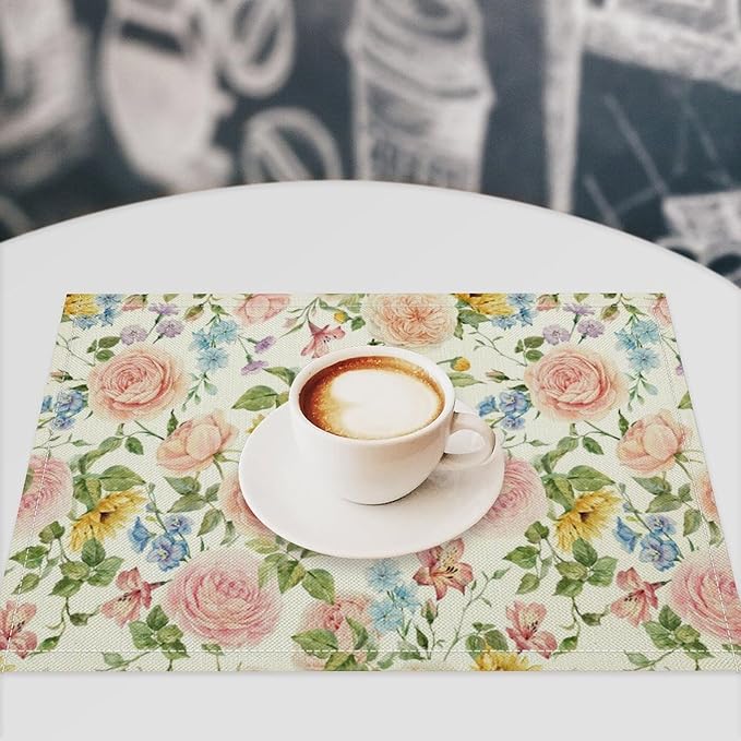 Colorful Floral Placemats Set of 6, 17x12 Inch Watercolor Spring Botanical Aesthetic Wildflower Nature Rustic Art Printed Table Mats for Home Party Kitchen Dining Decor