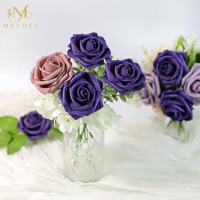 Meldel Artificial Flowers 50pcs Real Looking Purple Lilac Foam Fake Roses with Stems for DIY Wedding Bouquets Bridal Shower Centerpieces Floral Arrangements Home Decorations
