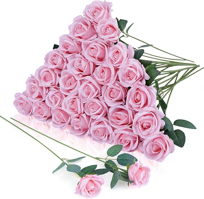 30pcs Fake Roses Artificial Silk Flowers Long Stems Bouquet for Wedding Bridal Shower Party Home Decoration (Pink)