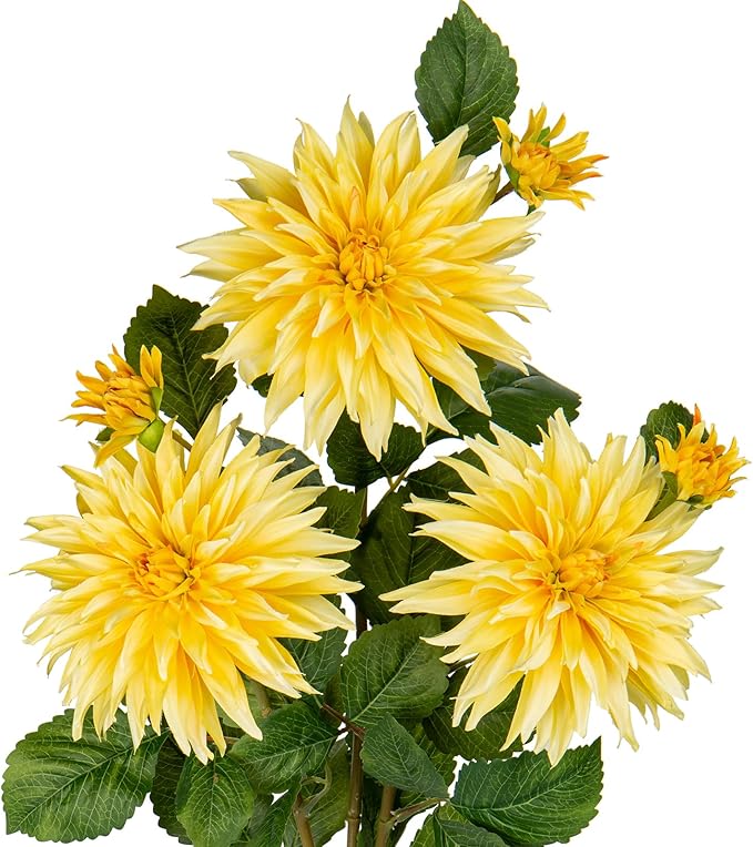 3Pcs Yellow Artificial Dahlia Flowers Fake Flower Silk Flowers with Long Stem 29.5" Floral Arrangements Bouquets Faux Dahlias Flowers for DIY Wedding Party Centerpieces Decor Home Office Decoration