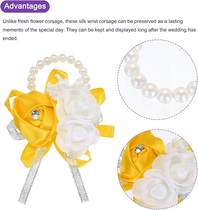 MECCANIXITY 3Pcs Wrist Corsage Artificial Flower Bracelets Rose Wrist Bride Groom Decorative for Wedding Ceremony Prom Party Anniversary Gold Tone