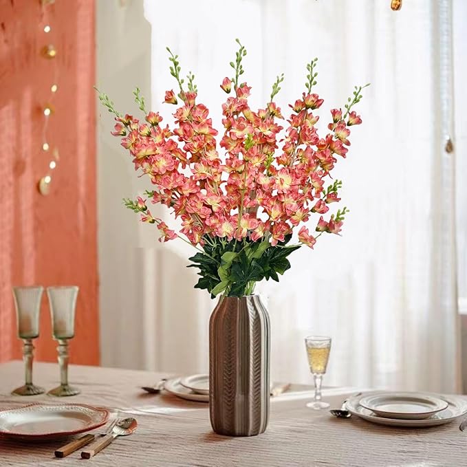 8 pcs Coral Delphinium Artificial Flowers, 34.25''Artificial Snapdragon Flowers Tall Fake Flowers Silk Flowers Faux Delphinium Bulk for Tall Vase Home Wedding Garden Table Decor (Coral)