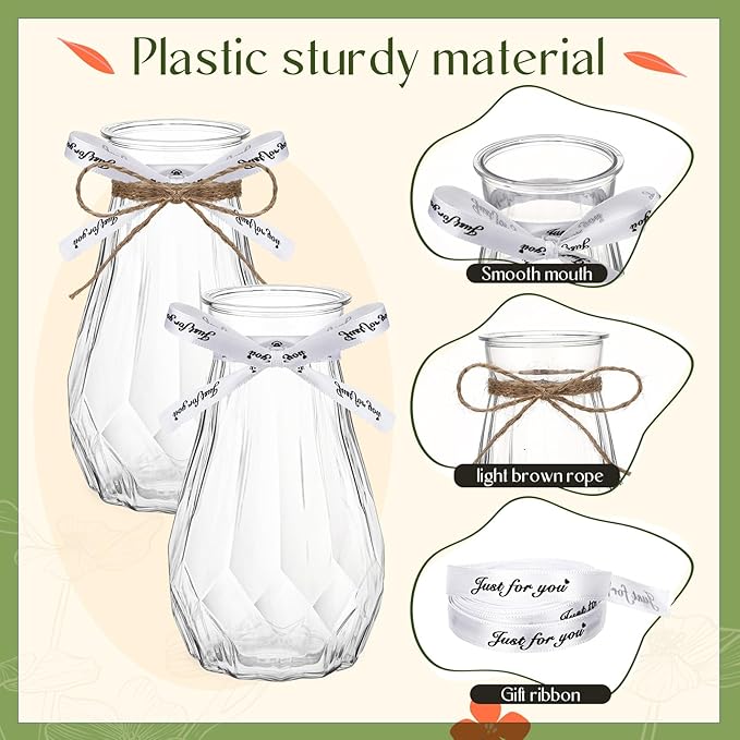 Bokon Set of 12 Pcs Small Plastic Bud Vases in Bulk with Gift Wrapping Ribbon, Vases for Flower, Wedding Centerpieces for Home Decor, Living Room, Office Decoration, Housewarming Party Gift (Clear)