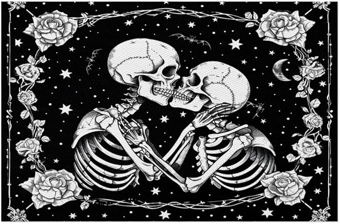Halloween Skull Goth Flower Placemats Set of 4 PVC Vinyl Non Slip Table Mats Heat Resistant Place Mats Washable Wipeable Dining Table Mat for Kitchen Decor Party Indoor Outdoor Decorative Gift