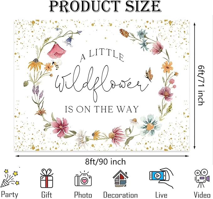 Wildflower Baby Shower Backdrop for Girl Watercolor Wild Floral Butterfly Photography Background Garden Wildflower Baby Shower Cake Table Banner Photoshoot Props (8x6ft)
