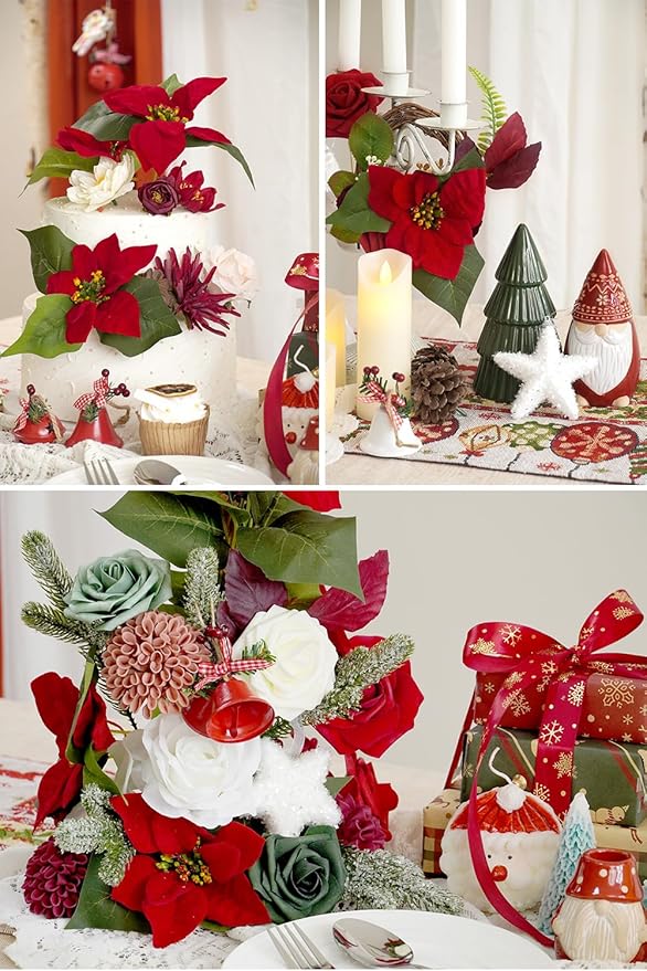 Artificial Flower Box Set Christmas red Themed Floral Decorations，Silk Fake Flowers for DIY Centerpieces Cake Decorations, Xmas Wreath Floral Arrangements Party (Merry Christmas Red)