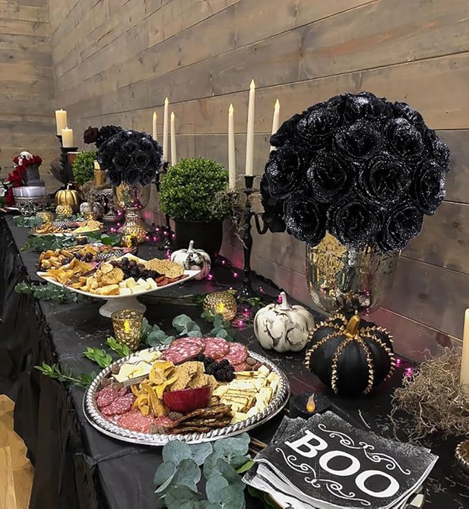 Roses Artificial Flowers,30PCS Black Glitter Roses Silk Roses for Wedding Bouquet Party Christmas Home Decor(Black)