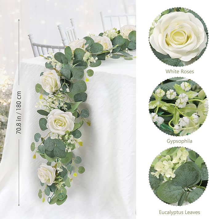 TOCHGREEN 4Pcs(26 Ft) Artificial Eucalyptus & White Rose Flower Garland, Faux Rose Vine & Gypsophila Greenery for Party & Wedding Decor (White, 4PCS)