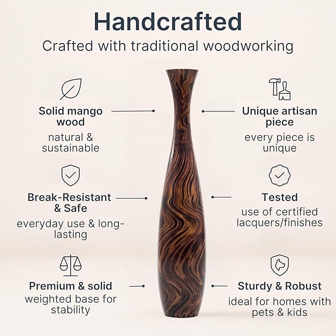 Leewadee Large Brown Home Decor Floor Vase - Wooden 26 inch Tall Farmhouse Decor Flower Holder for Fake Plant and Pampas Grass