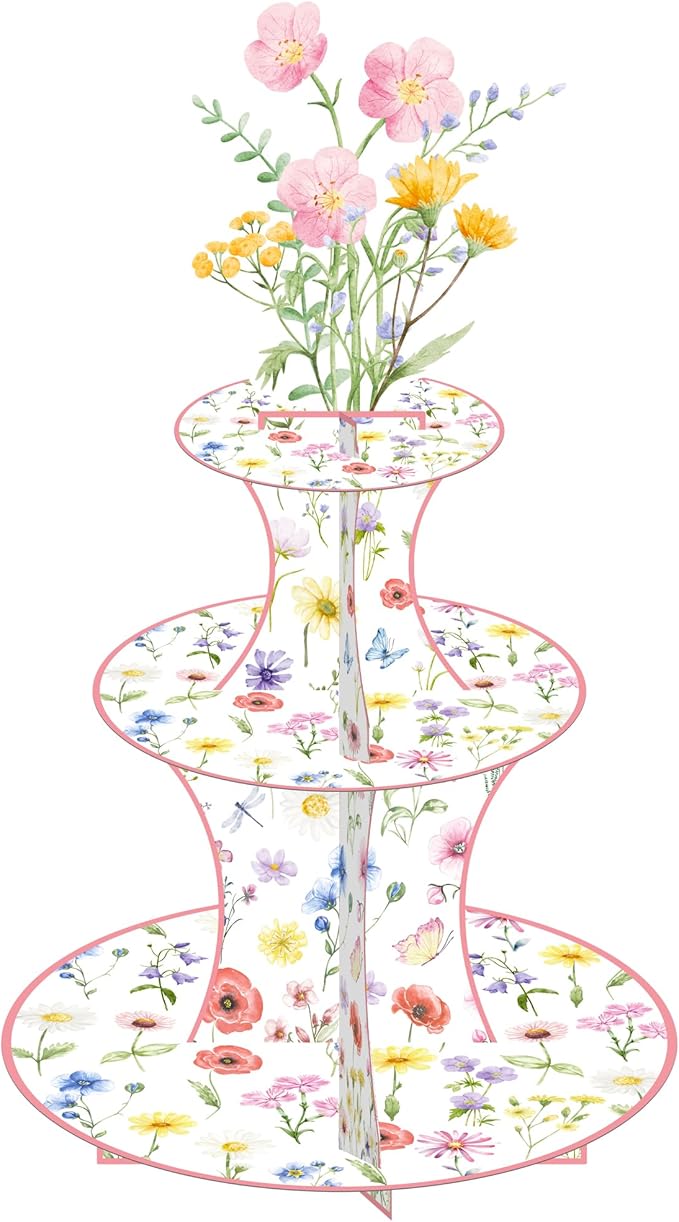 Wildflower Cupcake Stand Spring Wildflower Birthday Party Decorations Wildflower Cupcake Holder 3 Tiers Floral Dessert Towers for Flower Theme Baby Shower Supplies