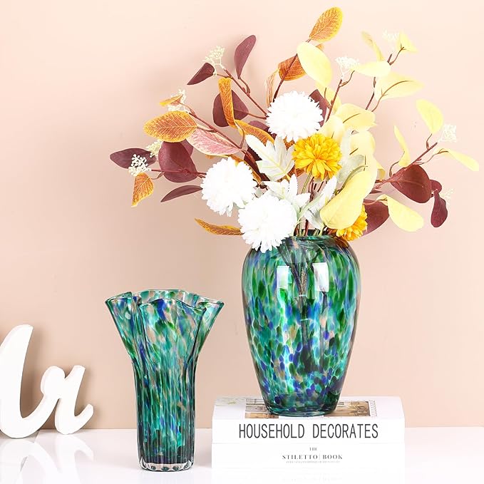 9" Tall Teal Vase Hand Blown Glass Vase Green, Modern Teal Home Centerpieces Wide Mouth Vases for Bud&Flower Decor - Ideal Living Room, Kitchen, Wedding, Dining Table, Office Center Table