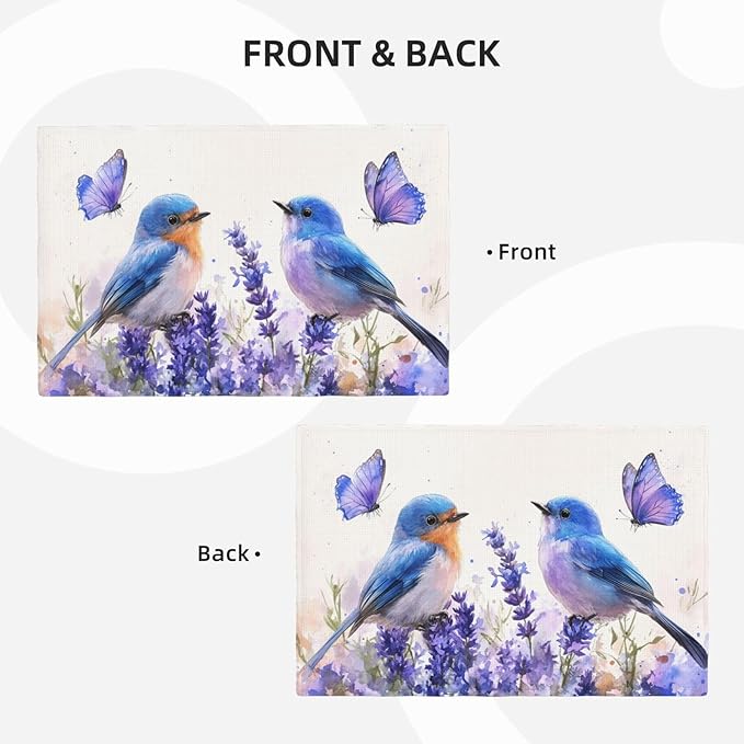 Lavender Birds Placemats Set of 6 Washable Table Mats Spring Floral Flower Heat-Resistant Cotton Linen Place Mats for Dining Table Kitchen Indoor Outdoor Party Holiday Decor