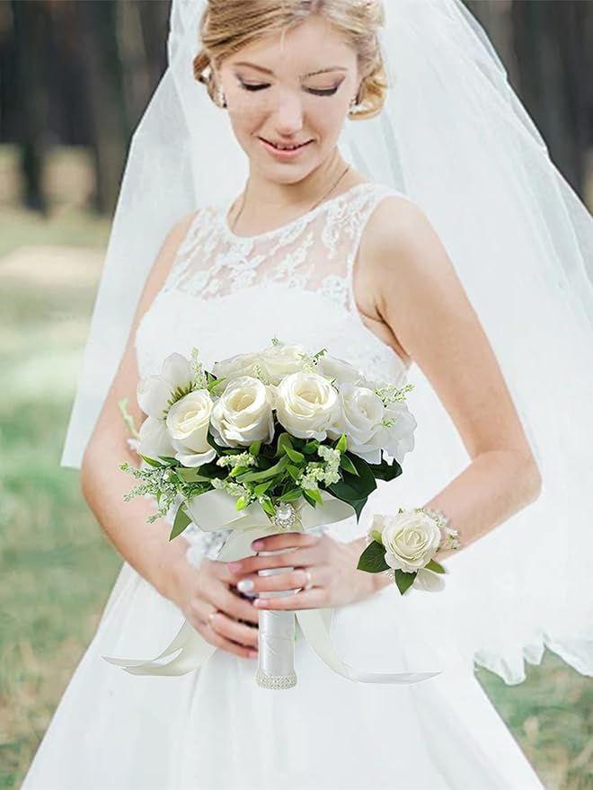 Meldel Ivory Wedding Bouquets for Bride Bridesmaid with Corsage and Boutonniere Set, 8 Inch White Champagne Artificial Roses Flowers Bridal Bouquet for Wedding Church Decoration,Ceremony, Anniversary