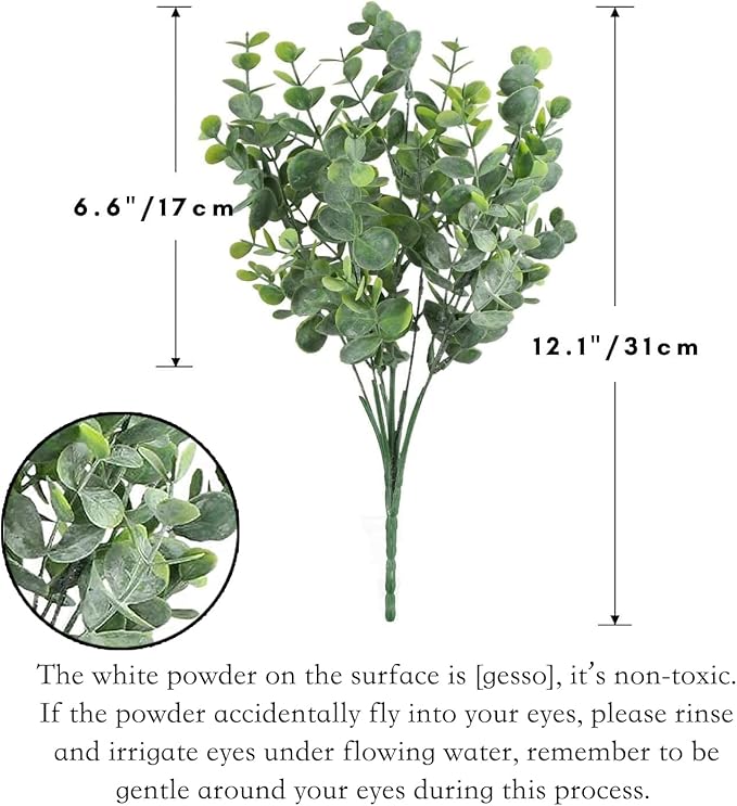 Rinlong 6Pcs Eucalyptus Artificial Greenery Fake Dusty Frosted Eucalyptus Stems Branches for Bouquet Filler Farmhouse Kitchen Hanging Planter Table Decor