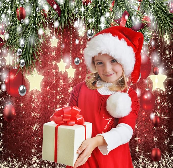 SJOLOON Christmas Backdrops Red Ball Theme Background Shining Stars Background New Year Backdrop for Christmas Party Decoration Banner Photo Shoot 12364 (8x8FT)