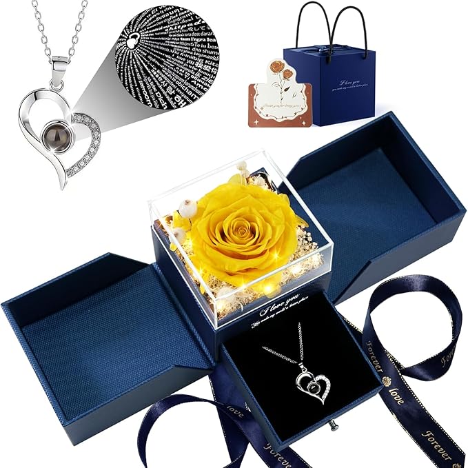 Birthday Gifts for Women, Preserved Real Roses with Heart Necklace I Love You in 100 Languages, Romantic Anniversary Wedding Gifts for Women Her Girlfriend Wife, Forever Roses Necklace Gift Box Yellow