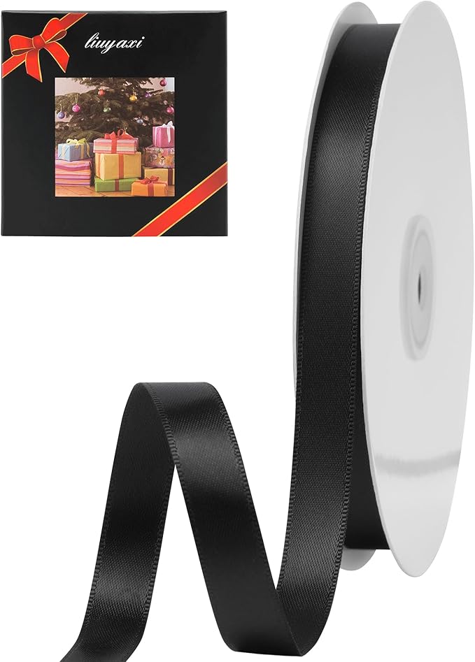 LIUYAXI Black Double Faced Satin Ribbon, 3/8" X Continuous 25 Yards, Ribbons Perfect for Gift Wrapping Bows Bouquet Wedding Decor DIY Craft and More