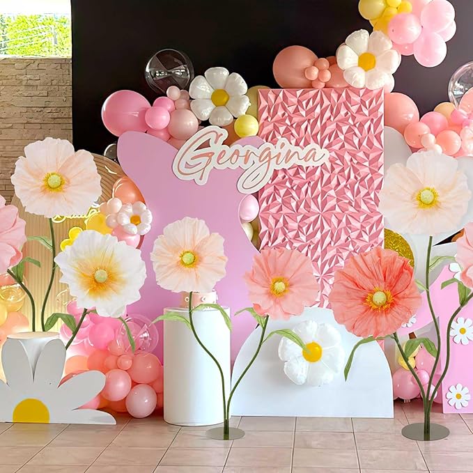 B-COOL Giant Artificial Flower for Reception Decoration: 5.58 ft Champagne Huge Artificial Paper Flowers with Standing Base Pink Faux Floral for Wedding Bridal Shower Party Decor Shop Window Display