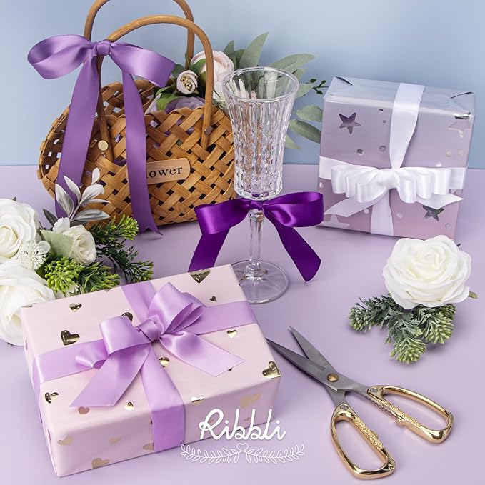 Ribbli Purple Satin Ribbon 1 Inch x 4 Rolls Total 40 Yards-White Lavender Purple Ribbon for Gift Wrapping Craft Wedding Decoration
