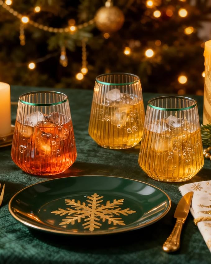 BESTSTAR 36 Pcs 12 oz Plastic Clear Green Rim Ribbed Wine Glasses, Origami Ripple Disposable Champagne Glasses Elegant Whiskey Glasses Ideal for Weddings, Bars, Christmas, Pool Party, Daily Use